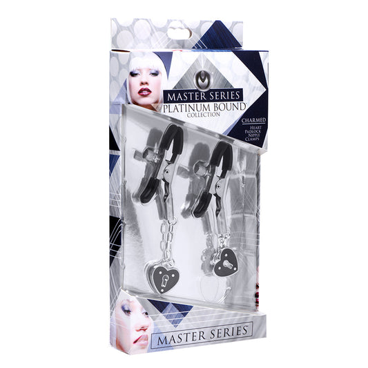 MASTER SERIES CHARMED HEART PADLOCK NIPPLE CLAMPS BLACK