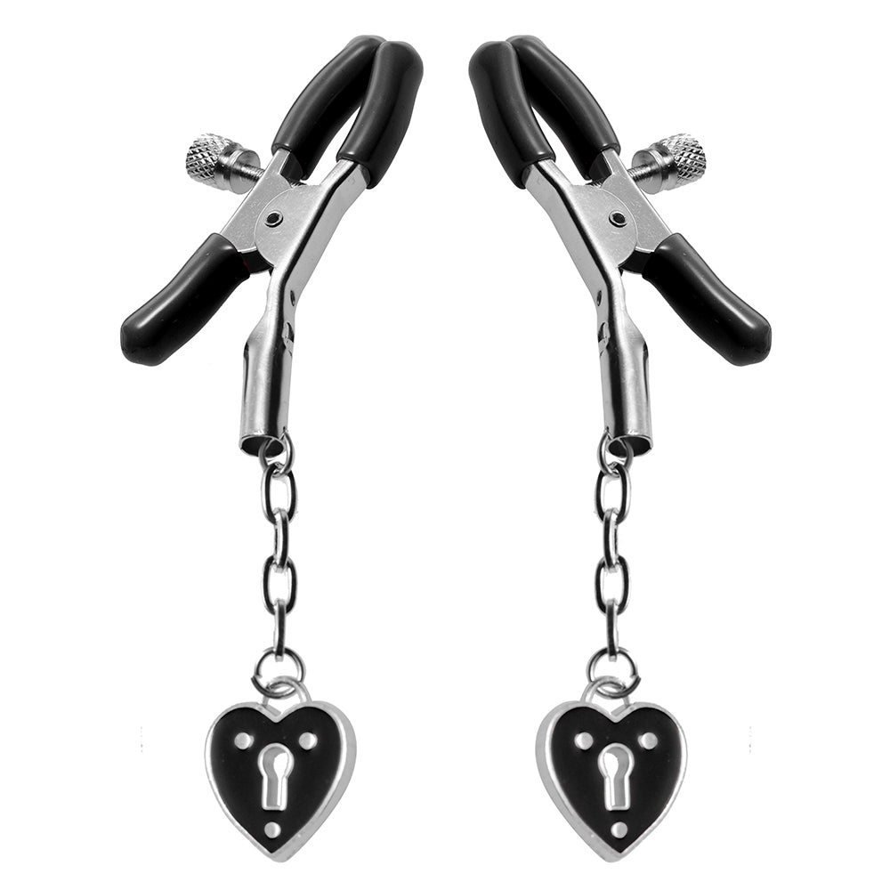 MASTER SERIES CHARMED HEART PADLOCK NIPPLE CLAMPS BLACK