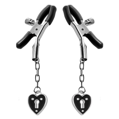 MASTER SERIES CHARMED HEART PADLOCK NIPPLE CLAMPS BLACK
