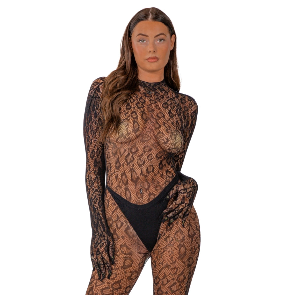 LACE - BY LJ GLOVED LEOPARD PRINT CATSUIT BLACK