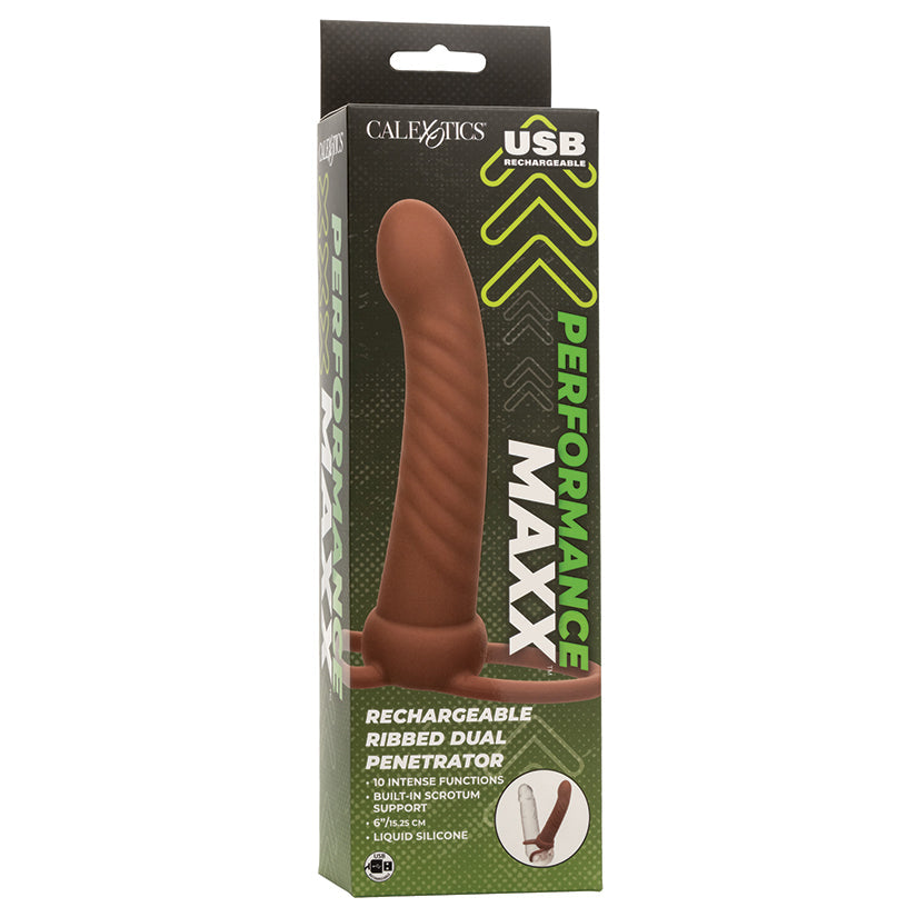 CAL EXOTICS - PERFORMANCE MAXX RECHARGEABLE RIBBED DUAL PENETRATOR BROWN