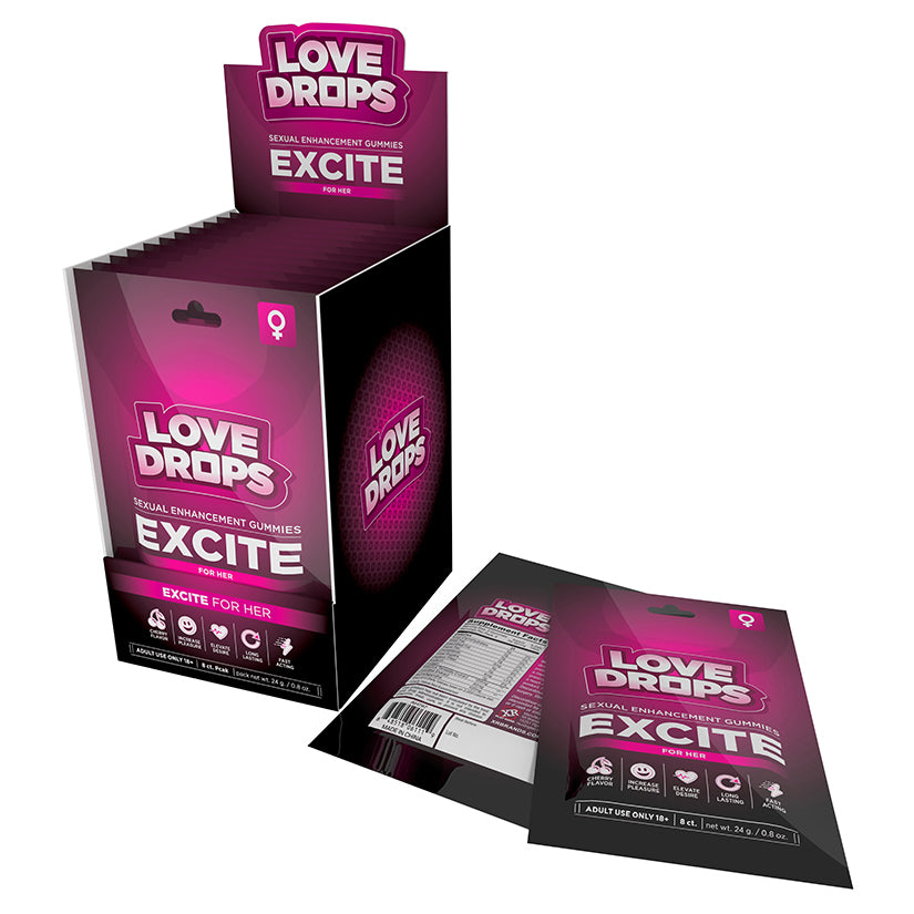 XR BRANDS - LOVE DROPS SEXUAL ENHANCEMENT EXCITE GUMMIES FOR HER 12-PIECE DISPLAY