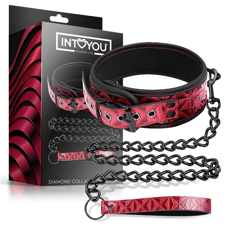 DIAMOND LINE - ADJUSTABLE COLLAR WITH LEASH DIAMOND VEGAN LEATHER