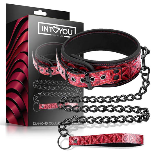 DIAMOND LINE - ADJUSTABLE COLLAR WITH LEASH DIAMOND VEGAN LEATHER