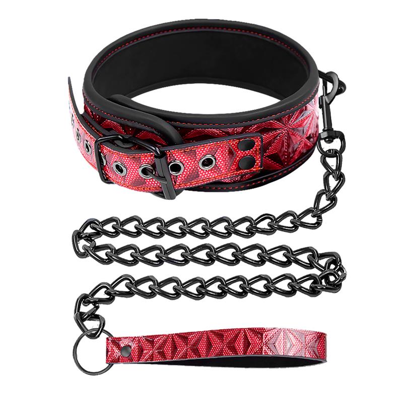 DIAMOND LINE - ADJUSTABLE COLLAR WITH LEASH DIAMOND VEGAN LEATHER