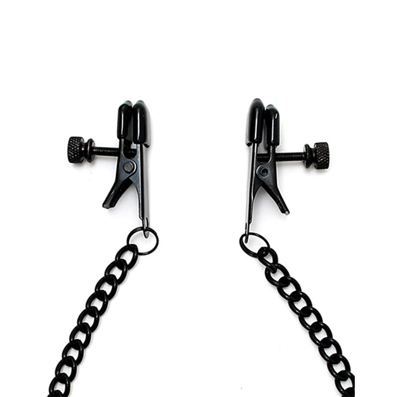 BONDAGE PLAY - ADJUSTABLE NIPPLE CLAMPS WITH BLACK CHAIN