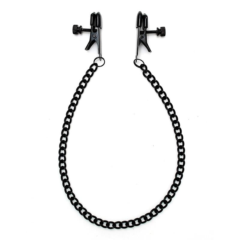 BONDAGE PLAY - ADJUSTABLE NIPPLE CLAMPS WITH BLACK CHAIN