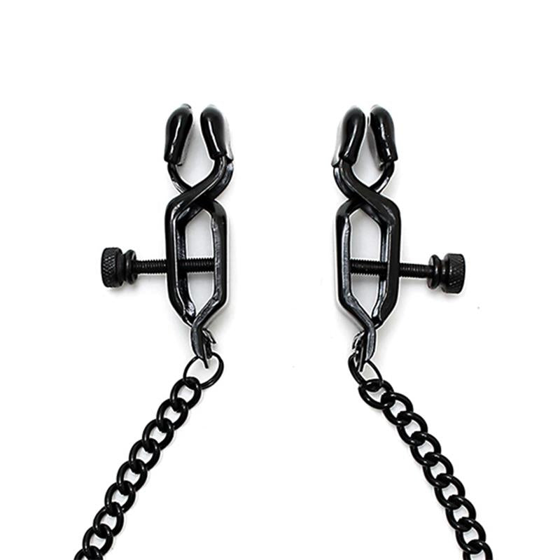 BONDAGE PLAY - ADJUSTABLE NIPPLE CLAMPS WITH BLACK CHAIN