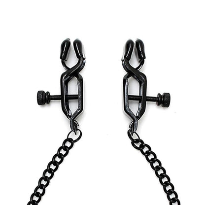 BONDAGE PLAY - ADJUSTABLE NIPPLE CLAMPS WITH BLACK CHAIN