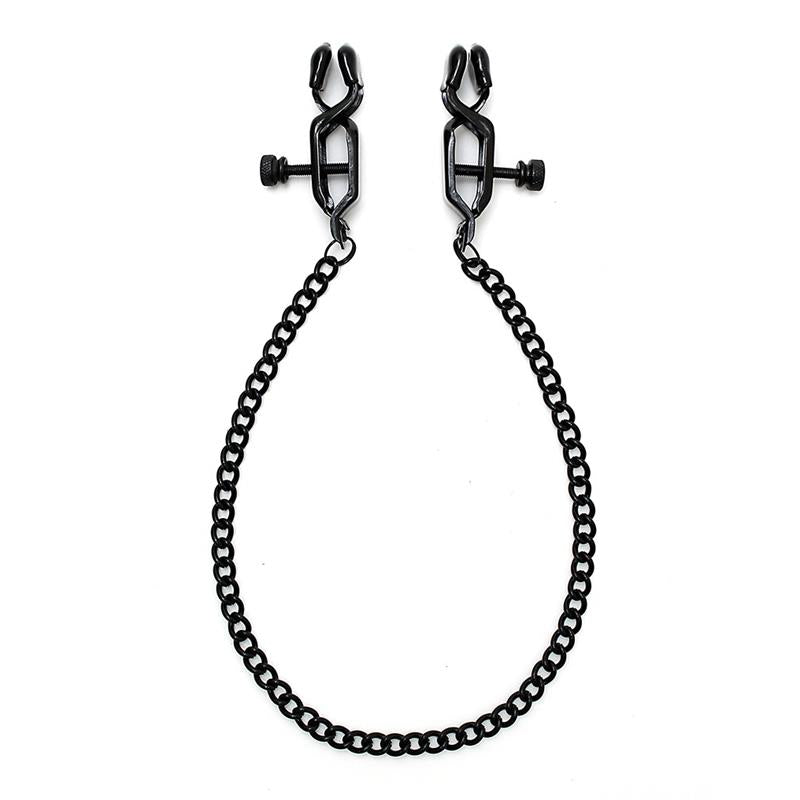 BONDAGE PLAY - ADJUSTABLE NIPPLE CLAMPS WITH BLACK CHAIN