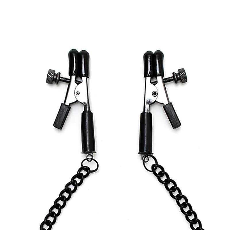 BONDAGE PLAY - ADJUSTABLE NIPPLE CLAMPS WITH BLACK CHAIN
