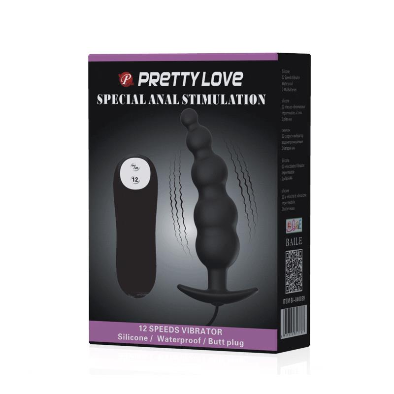 PRETTY LOVE - ANAL PLUG SILICONE EXTRA STIMULATION AND 12 VIBRATION MODES BLACK REMOTE CONTROL