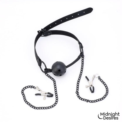 MIDNIGHT DESIRES - BALL GAG WITH NIPPLE CLAMPS