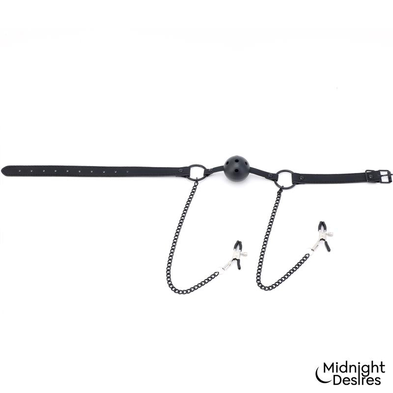 MIDNIGHT DESIRES - BALL GAG WITH NIPPLE CLAMPS