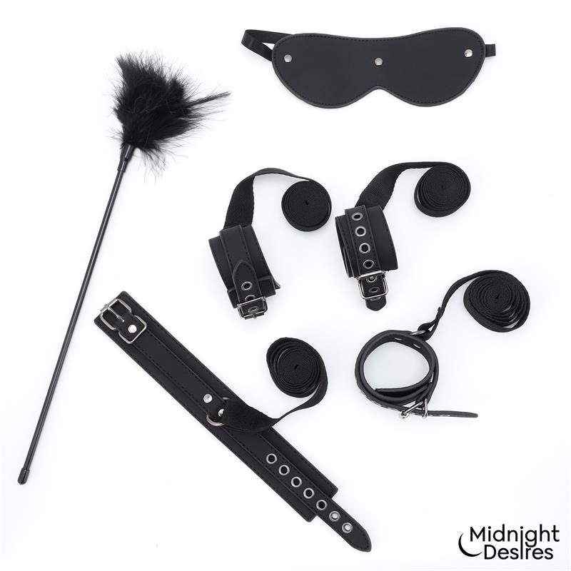 MIDNIGHT DESIRES - BONDAGE SET WITH BLINDFOLD, FEATHER TICKLE AND CUFFS