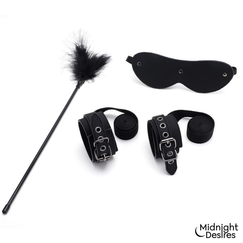 MIDNIGHT DESIRES - BONDAGE SET WITH BLINDFOLD, FEATHER TICKLE AND CUFFS