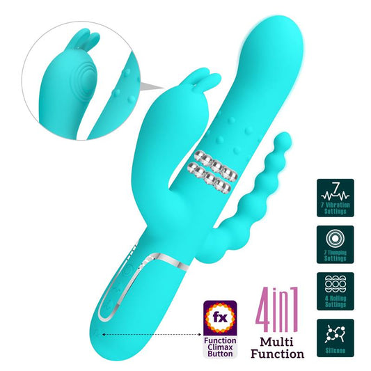 PRETTYLOVE - CAMMY TRIPPLE RABBIT VIBRATOR WITH BEADS TURQUOISE