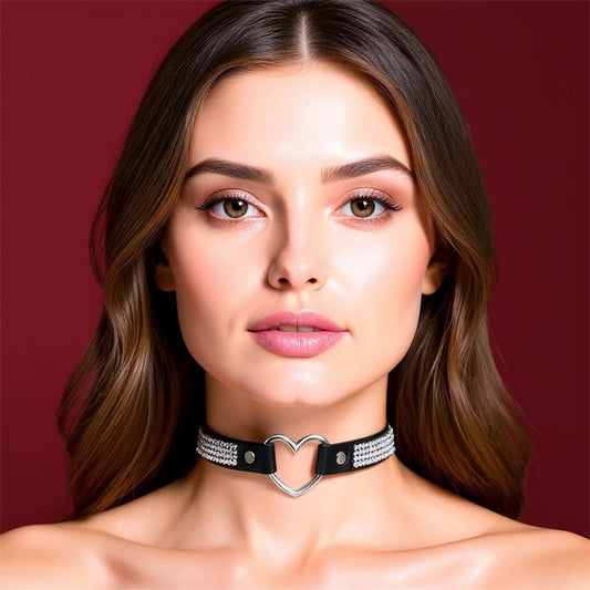 CINDERELLA - COLLAR WITH HEART AND RHINESTONES CHOKER STYLE VEGAN LEATHER ONE SIZE