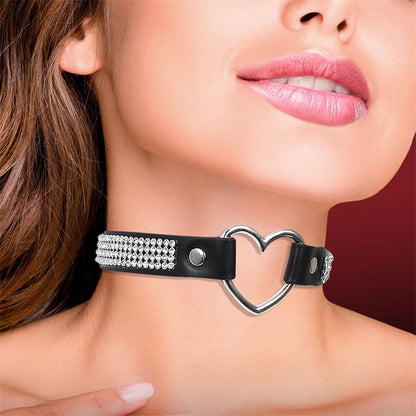 CINDERELLA - COLLAR WITH HEART AND RHINESTONES CHOKER STYLE VEGAN LEATHER ONE SIZE