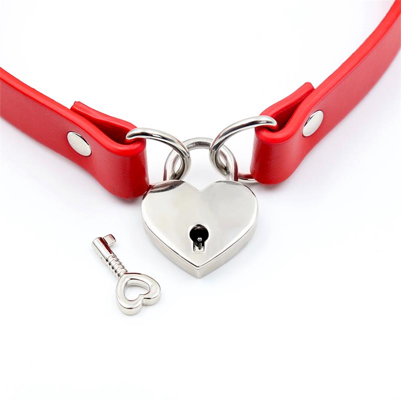 COQUETTE CHIC DESIRE - RED VEGAN LEATHER NECKLACE WITH HEART ACCESSORY WITH KEY