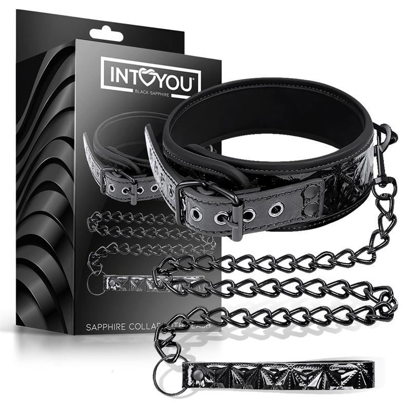 BLACK SAPPHIRE - COLLAR WITH LEASH SAPPHIRE VEGAN LEATHER