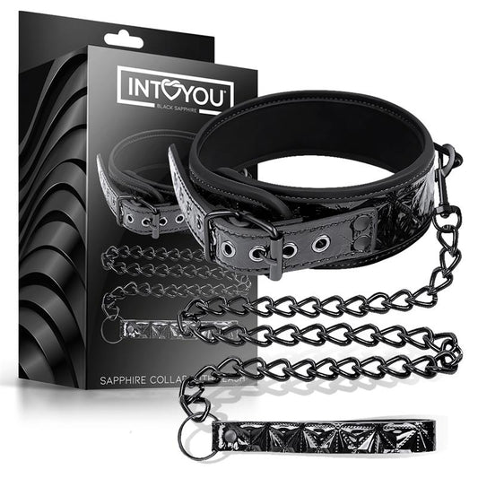 BLACK SAPPHIRE - COLLAR WITH LEASH SAPPHIRE VEGAN LEATHER