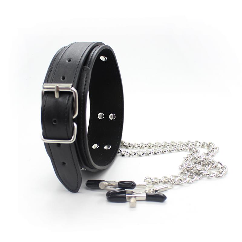 LATETOBED BDSM LINE - COLLAR WITH NIPPLE CLAMPS AND METAL CHAIN BLACK