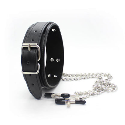 LATETOBED BDSM LINE - COLLAR WITH NIPPLE CLAMPS AND METAL CHAIN BLACK