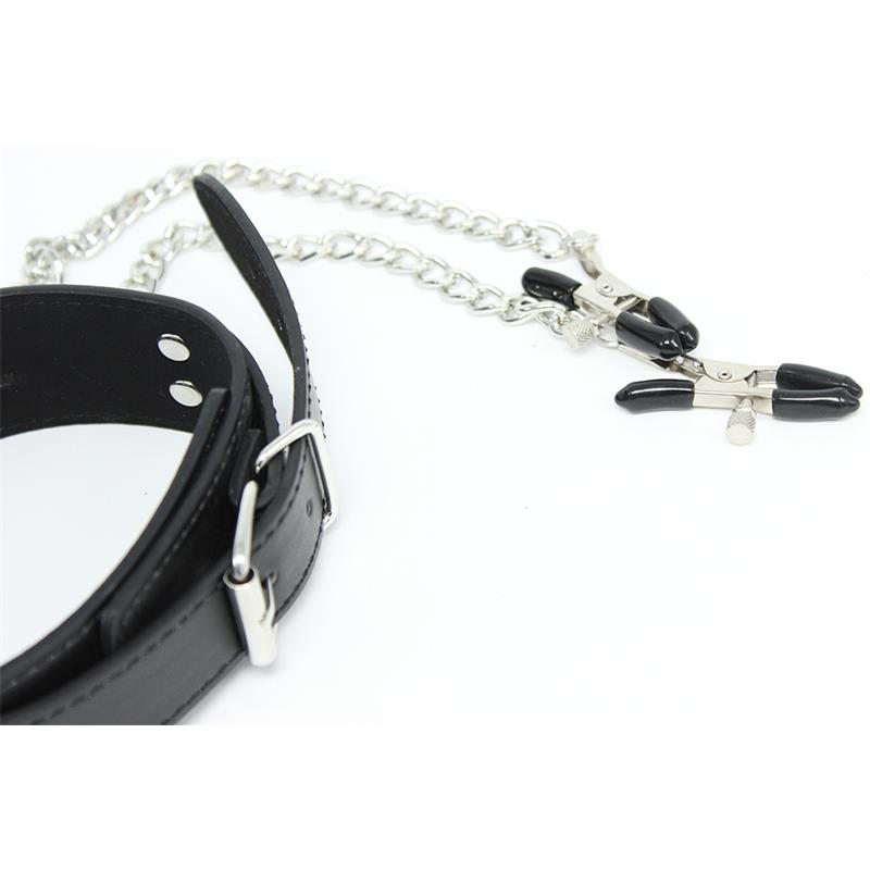 LATETOBED BDSM LINE - COLLAR WITH NIPPLE CLAMPS AND METAL CHAIN BLACK