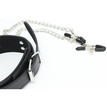 LATETOBED BDSM LINE - COLLAR WITH NIPPLE CLAMPS AND METAL CHAIN BLACK