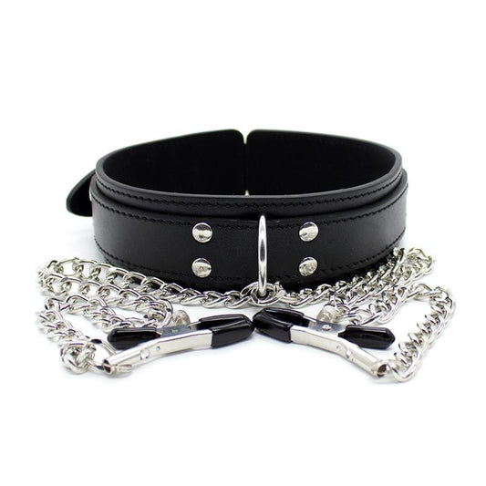 LATETOBED BDSM LINE - COLLAR WITH NIPPLE CLAMPS AND METAL CHAIN BLACK