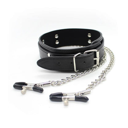 LATETOBED BDSM LINE - COLLAR WITH NIPPLE CLAMPS AND METAL CHAIN BLACK