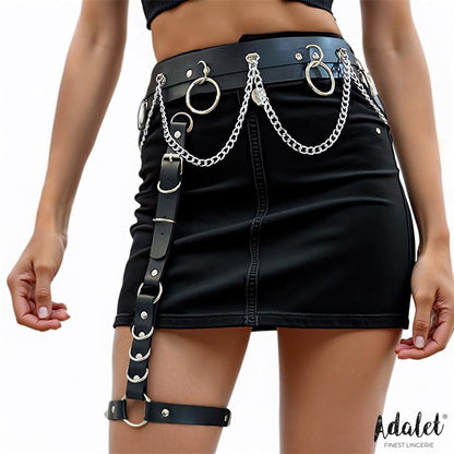 ADALET LINGERIE - CORAL VEGAN LEATHER GARTER WITH LEG RING AND CHAIN ONE SIZE