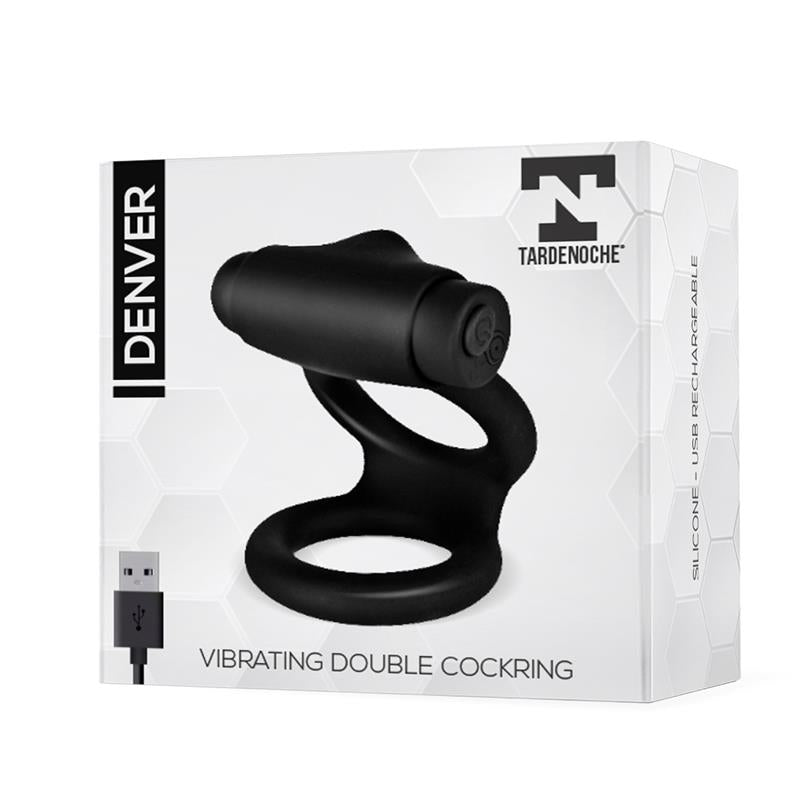 TARDENOCHE - DENVER DOUBLE COCKRING WITH VIBRATING BULLET USB SILICONE BLACK