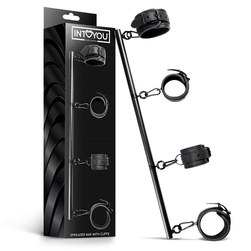 INTOYOU BLACK SHADOW - BARRE D'ÉCARTEMENT RIGIDE DÉMONTABLE ET 4 MANCHETTES DÉMONTABLES EN NÉOPRÈNE ET CUIR VÉGAN