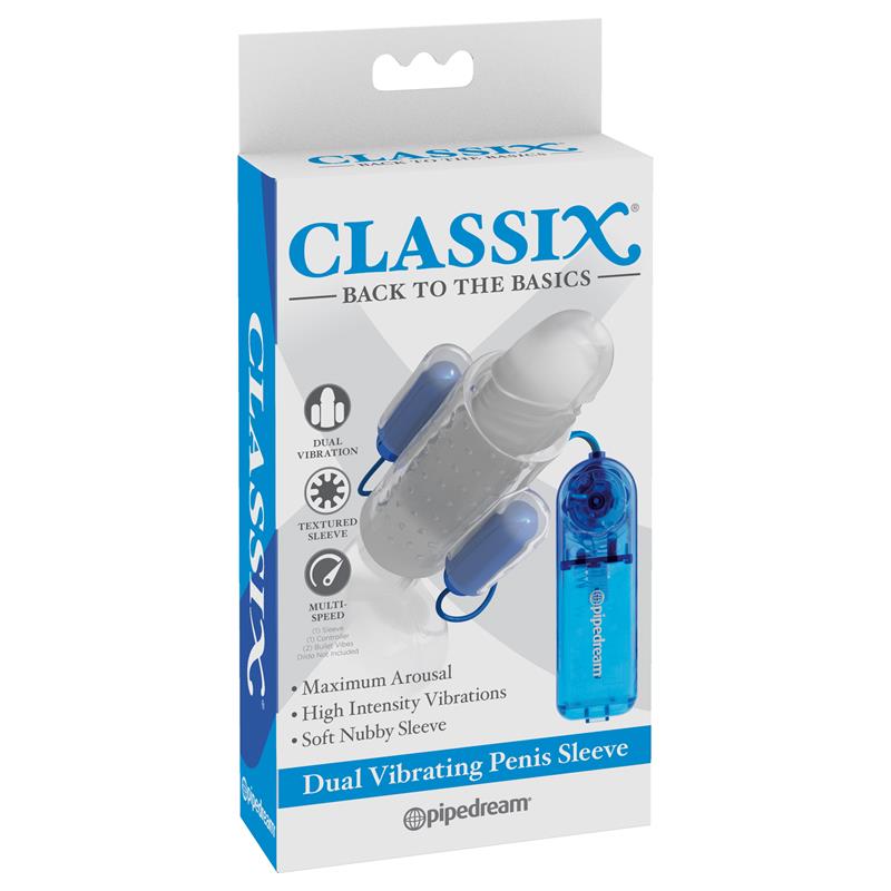 CLASSIX - DUAL VIBRATING PENIS SLEEVE BLUE AND CLEAR