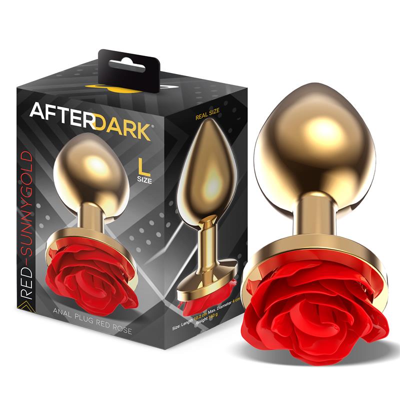AFTERDARK - ANAL PLUG EN MÉTAL DORÉ AVEC BASE ROSE ROUGE TAILLE L