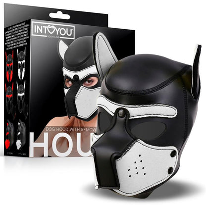 INTOYOU BDSM LINE - HOUND NEOPRENE DOG HOOD WITH REMOVABLE MUZZLE WHITE/BLACK ONE SIZE