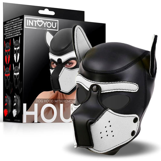 INTOYOU BDSM LINE - HOUND NEOPRENE DOG HOOD WITH REMOVABLE MUZZLE WHITE/BLACK ONE SIZE