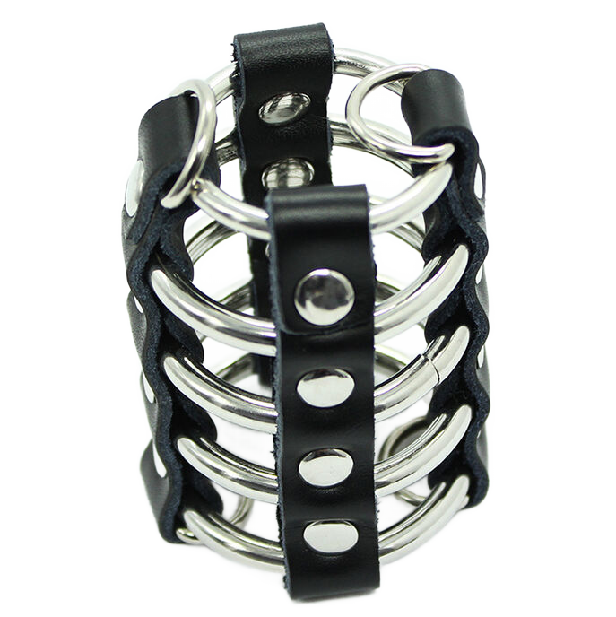 OHMAMA FETISH - CAGE DE PÉNIS AVEC ANNEAUX MÉTALLIQUES ET SANGLES EN CUIR