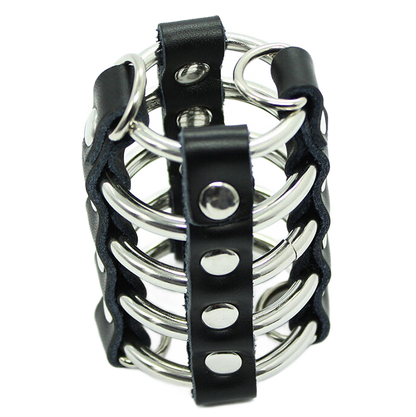 OHMAMA FETISH - CAGE DE PÉNIS AVEC ANNEAUX MÉTALLIQUES ET SANGLES EN CUIR