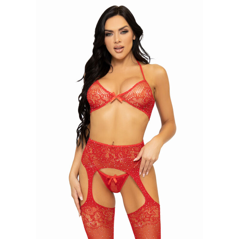 LEG AVENUE - THREE PIECES SET BRA, STRING AND STOCKING ONE SIZE - RED