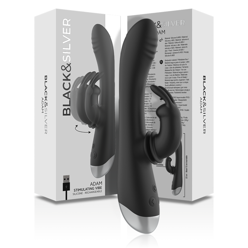 BLACK&SILVER - ESTIMULADOR CONEJO DE SILICONA RECARGABLE DJ. ADAM NEGRO