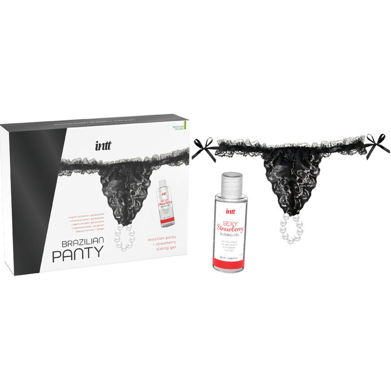 INTT RELEASES - CULOTTE BRÉSILIEN NOIR AVEC PERLES ET GEL LUBRIFIANT 50 ML