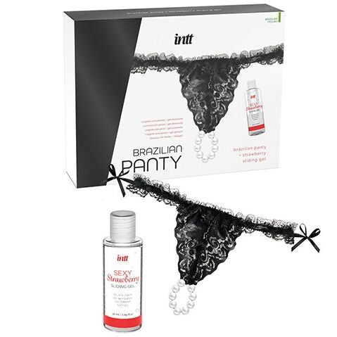 INTT RELEASES - CULOTTE BRÉSILIEN NOIR AVEC PERLES ET GEL LUBRIFIANT 50 ML