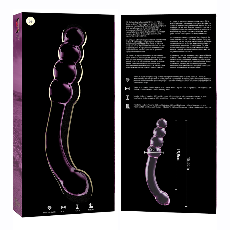 SERIE NEBULA DE IBIZA - MODELO 14 DILDO DE VIDRIO BOROSILICATO TRANSPARENTE 18,5 CM -Ø- 3 CM