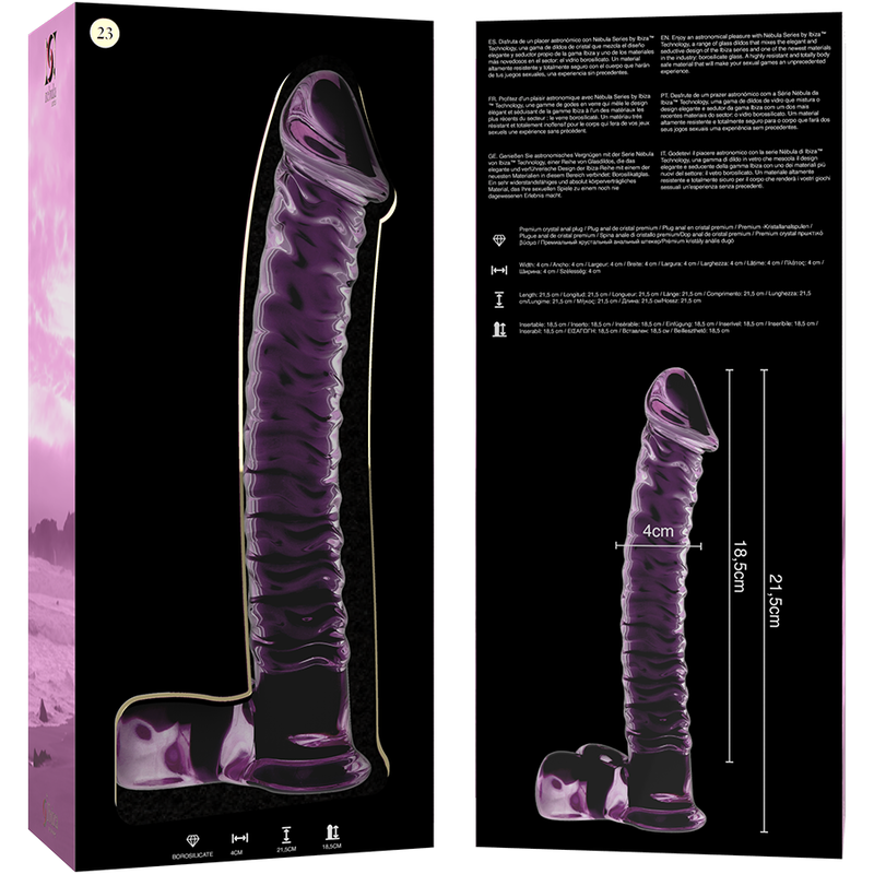 SERIE NEBULA DE IBIZA - MODELO 23 DILDO DE VIDRIO DE BOROSILICATO TRANSPARENTE 21,5 CM -O- 4 CM
