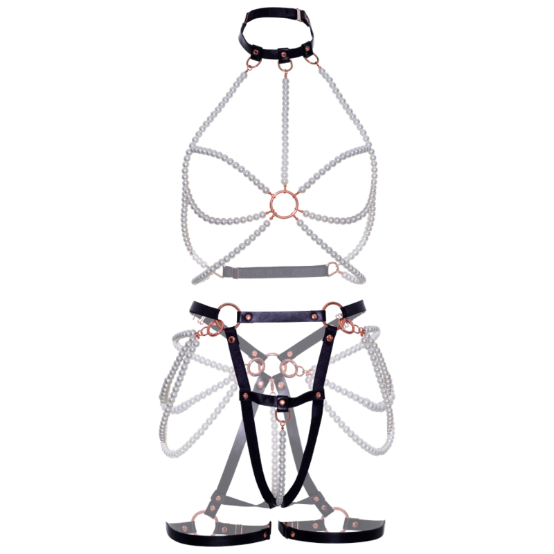 LEG AVENUE - HARNESS BRA & PEARL GARTER