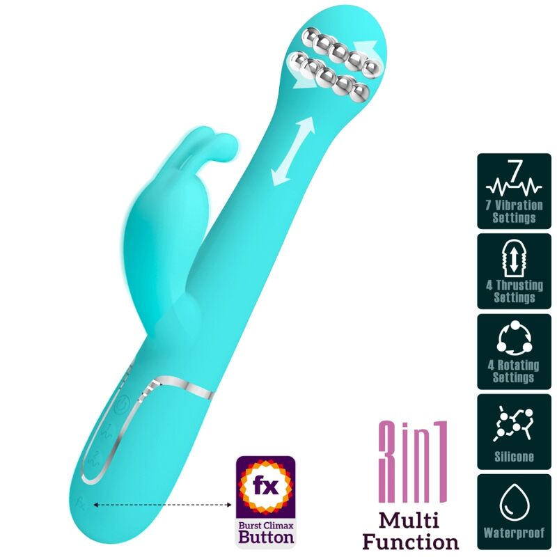 PRETTY LOVE - VIBROMASSEUR LAPIN DEJON 3 EN 1 MULTIFONCTION VERT D'EAU