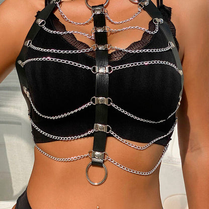 SUBBLIME - HARNAIS DE POITRINE CUIR CHAÎNES NOIR TAILLE UNIQUE